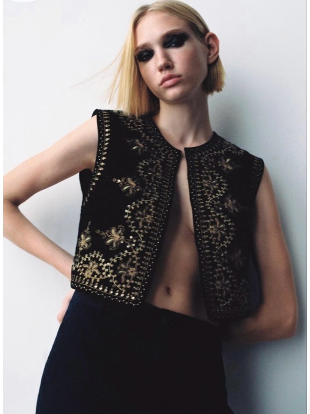 Zara The Daisy Velvet Embroidered Cropped Vest Open Front Boho Size Large
